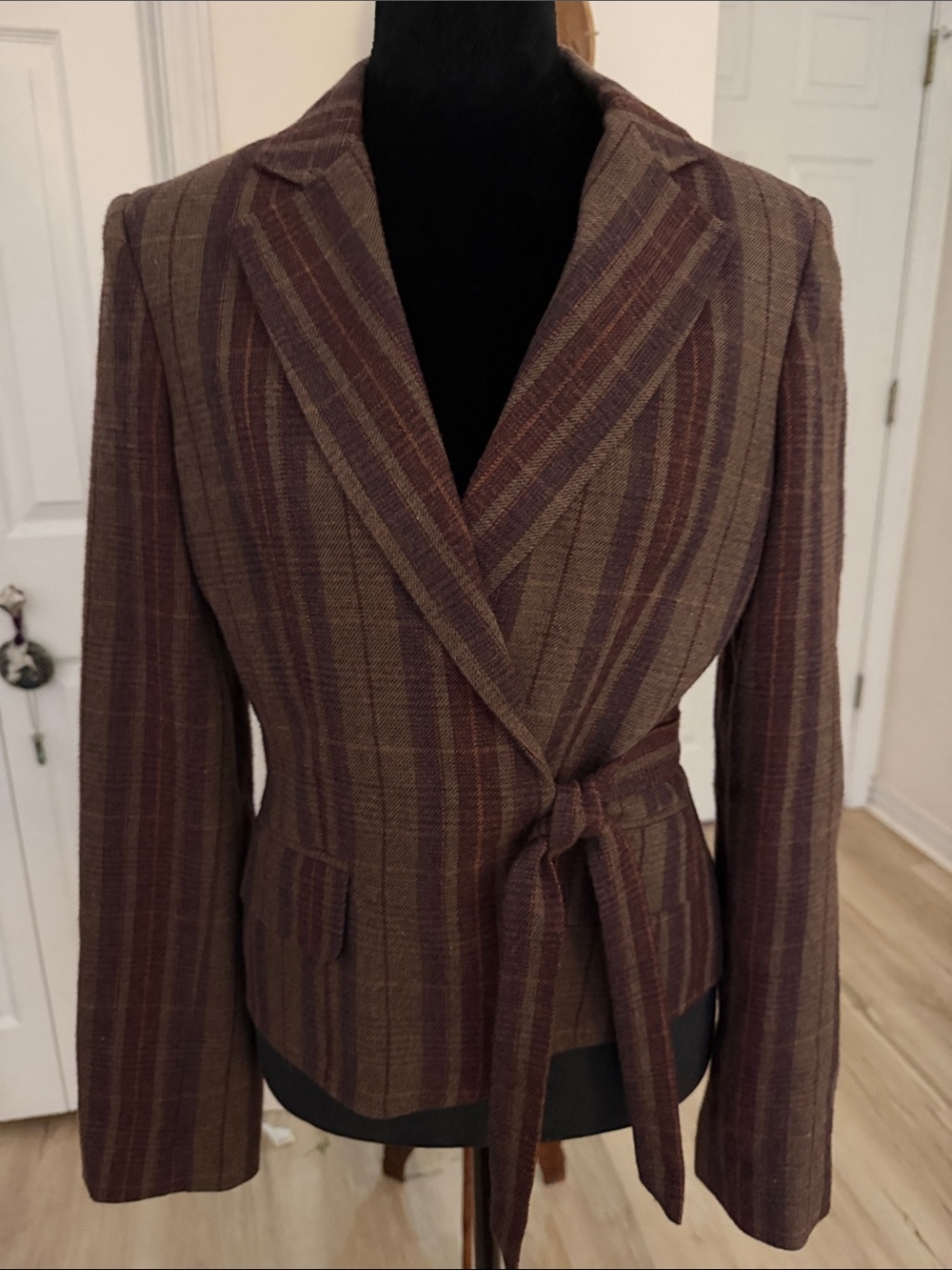 BCBGMaxAzria Brown & Burgundy Striped Wrap Blazer